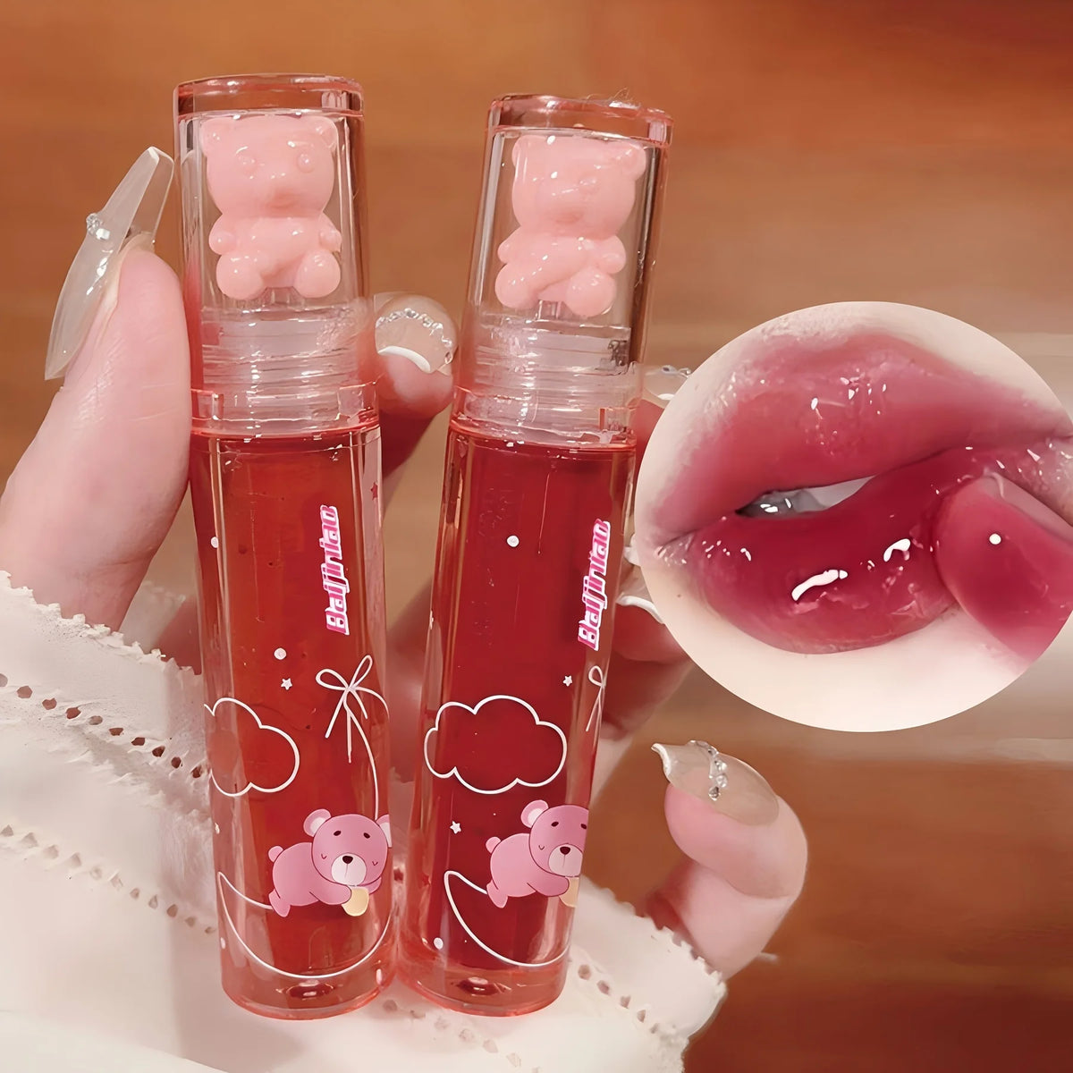 6 color lip glaze, cute little bear, mirror gloss, jelly lips with sparkling light dew water, long-lasting stain resistant trans